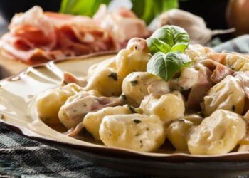 Пилешко со њоки во сос од сенф и павлака