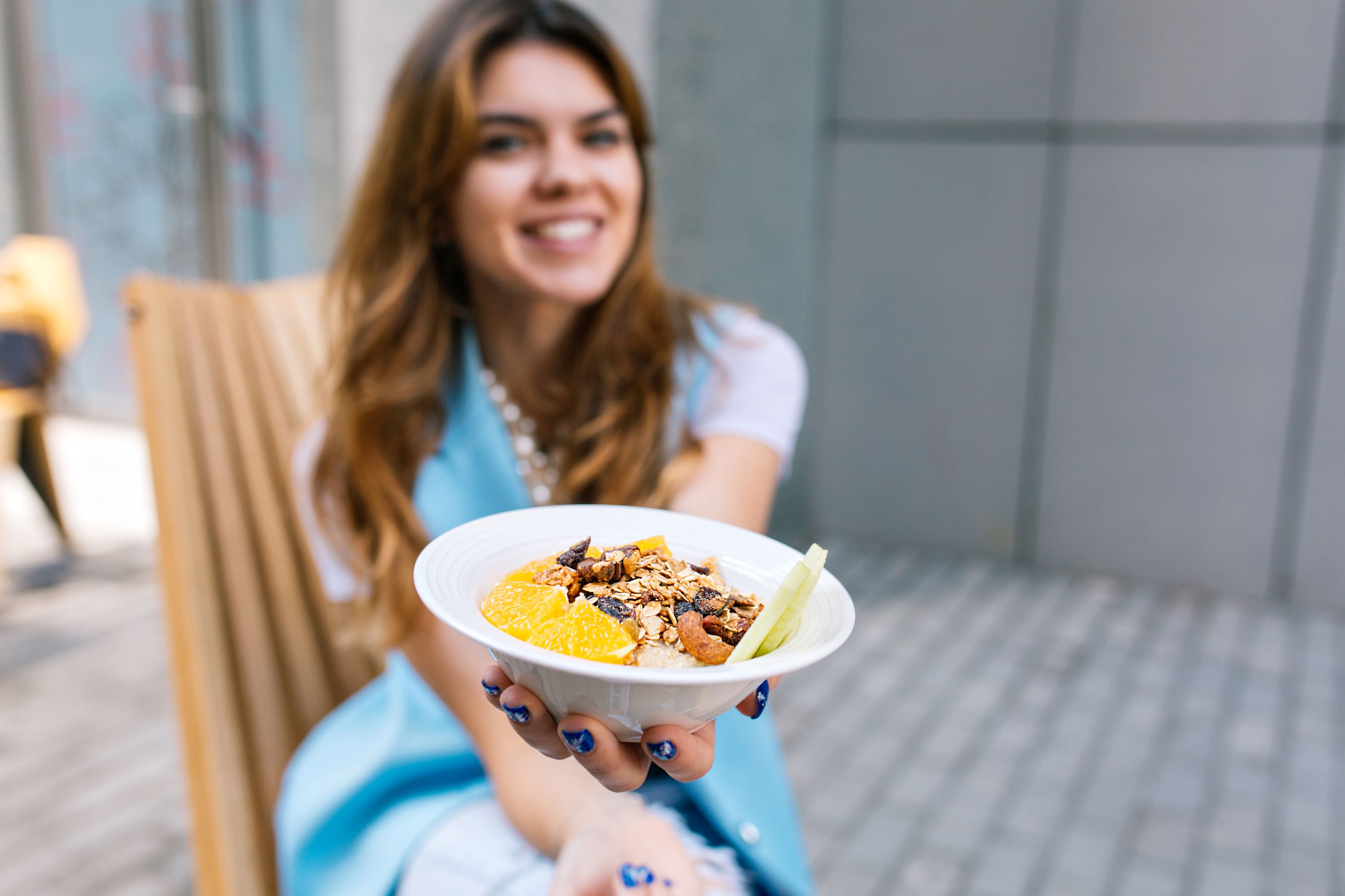 healthy breakfast hands young woman sitting chair